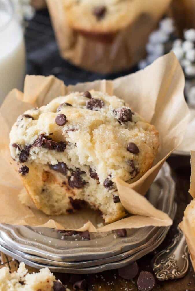 Sweet, soft, and fluffy bakery style chocolate chip muffins.