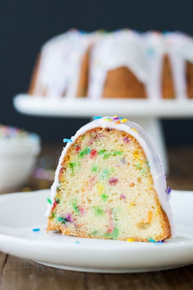 A delicious Vanilla Funfetti Bundt Cake, topped with a simple glaze and lots of sprinkles.
