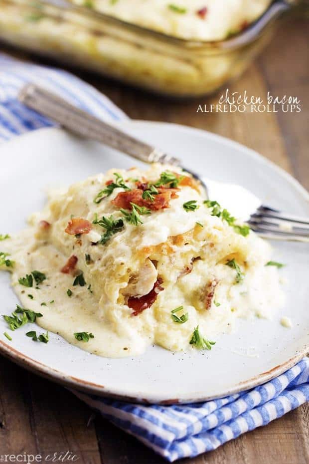 Chicken, Bacon, and cheese all rolled up into perfect portions and topped with the BEST homemade garlic Alfredo sauce!  One of the best meals that you will make!