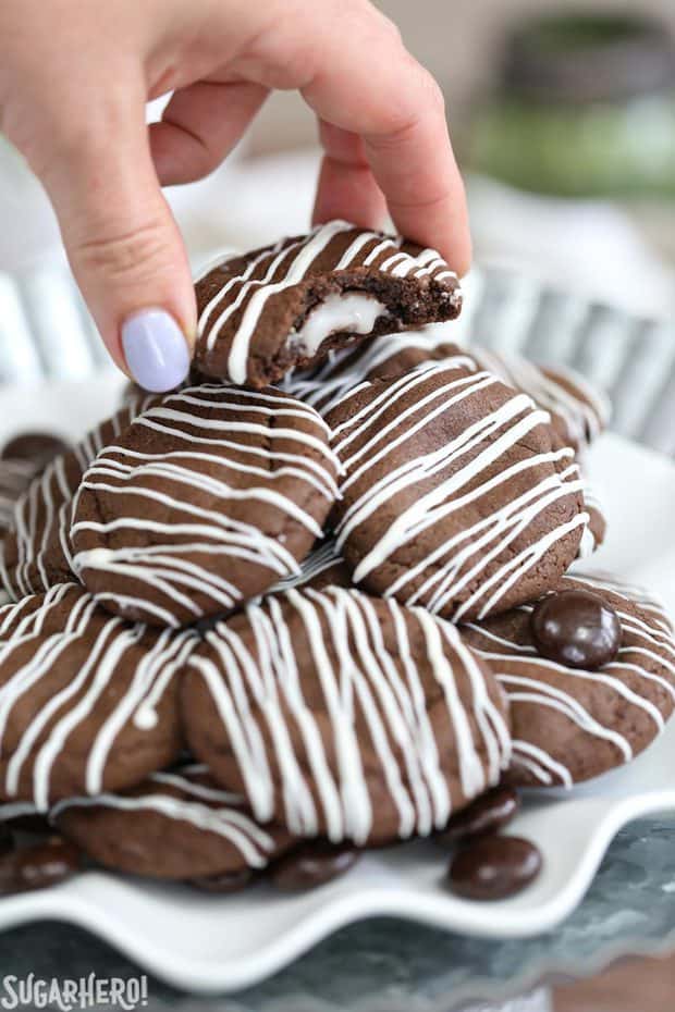 Junior Mint Cookies are soft, chewy chocolate cookies with a gooey Junior Mint Candy baked right in! You can also substitute any other small candy or candy bar that you’d like.