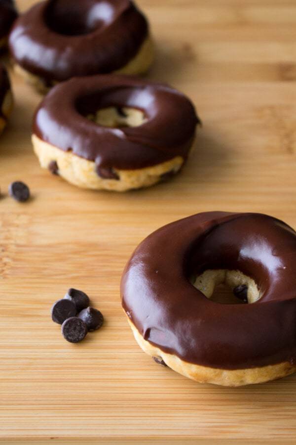 Chocolate Chip Doughnuts with Chocolate Glaze. Because with chocolate chips & baked cake doughnuts – you can’t go wrong!