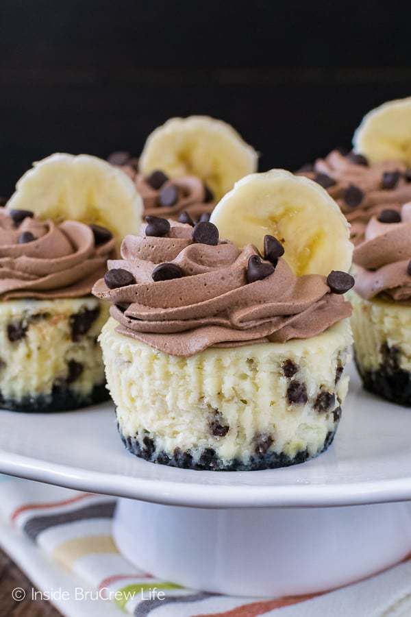 A swirl of homemade chocolate whipped cream and fresh banana slices make these little Banana Chocolate Chip Cheesecakes a sweet way to celebrate any life event.