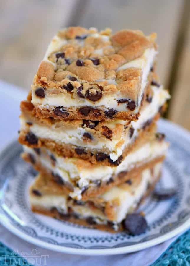 These easy Chocolate Chip Cookie Cheesecake Bars are made with just five ingredients! This easy dessert recipe will satisfy all your cravings!