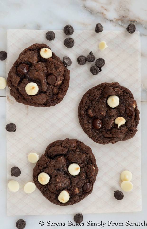 Double Chocolate Chip Cookies are chewy chocolate cookies filled with white chocolate and semi sweet chocolate chips from Serena Bakes Simply From Scratch.