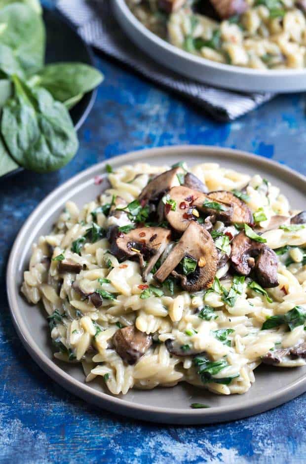 One Pot Garlic Parmesan Orzo with Spinach and Mushrooms -- Part of The Best Parmesan Recipes