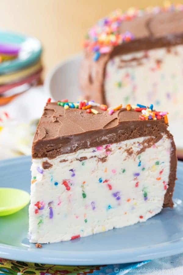 Funfetti no-churn ice cream cake is a kid favorite dessert, made with an easy no-churn ice cream recipe! No boxed cake mix is required to create this homemade ice cream cake!