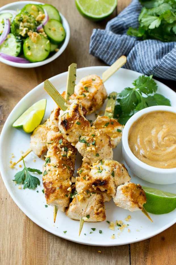 Thai Chicken Skewers are marinated in coconut milk, curry and spices and grilled to perfection. It's a quick and easy meal. that's packed full of flavor!