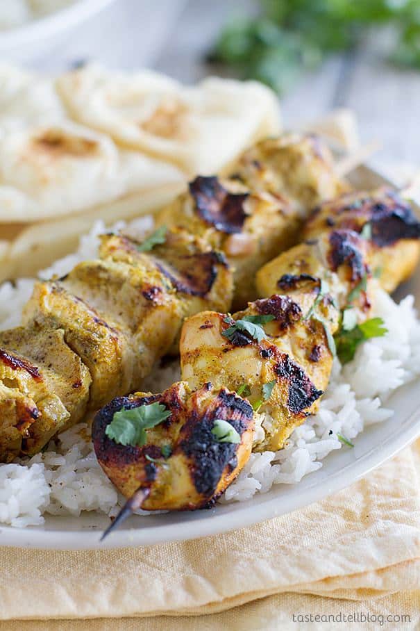 These grilled chicken skewers are filled with lots of Indian flavors for a great meal filled with spice!