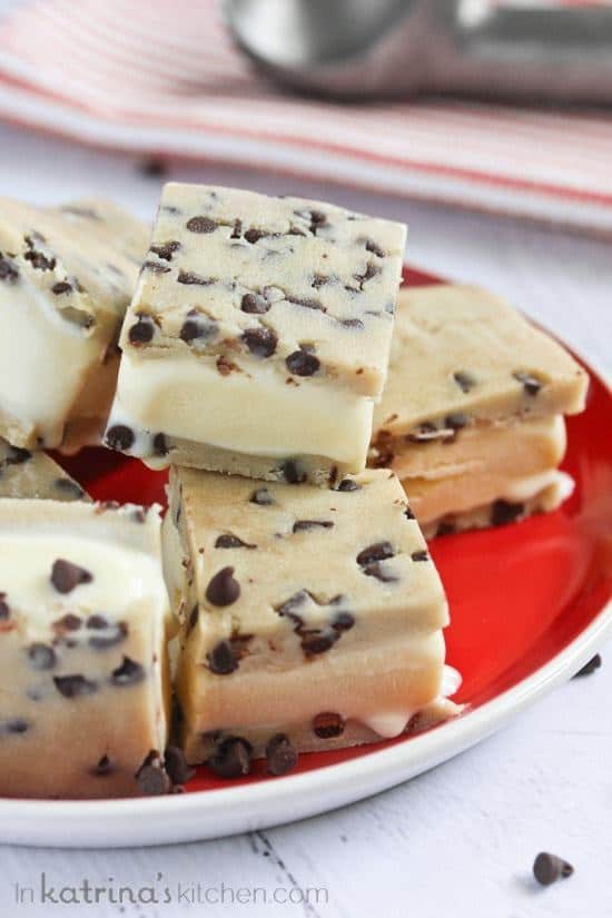 Cookie Dough Ice Cream Sandwiches are prepared with an unbaked egg-free chocolate chip cookie dough. Use your favorite ice cream or make it homemade!
