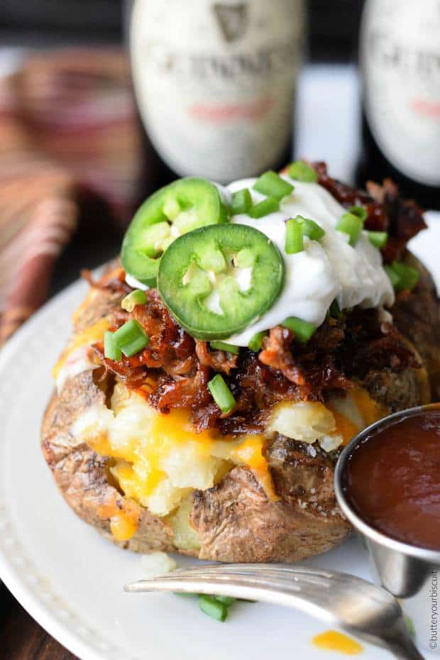 Pulled Pork Loaded Baked Potatoes are a perfect way to use up that leftover BBQ pulled pork!