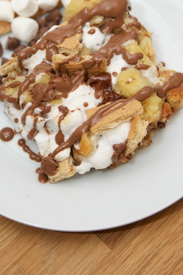 Campfire S'mores bread pudding is the perfect dessert for a night out camping with family and friends.