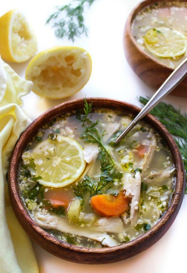Lemon Chicken Soup with Cauliflower Rice| A light & healthy soup with a whole lot of zip. Whole 30 + Gluten Free + One Pot