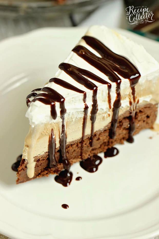 Mocha Brownie Ice Cream Cake – Layers of delicious brownie, coffee cream cheese, coffee ice cream, and whipped topping.  If you love an iced mocha frappe, then you will love this dessert!