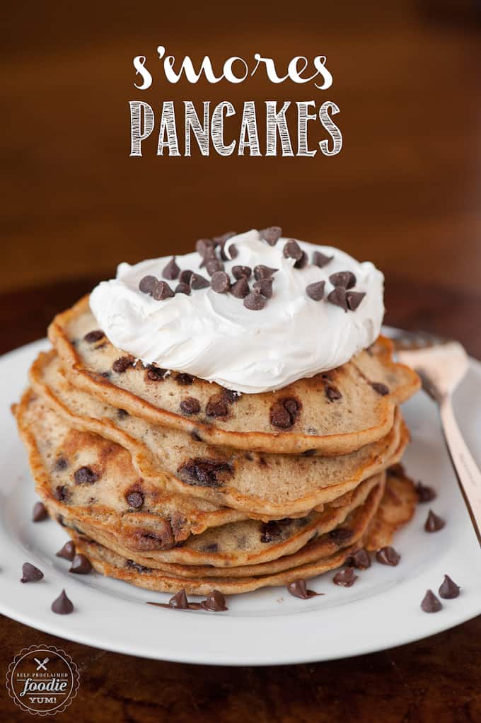 Start your morning off with a sinful treat of S’mores Pancakes made from graham cracker chocolate chip pancakes topped with homemade marshmallow creme.