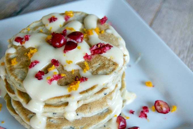 Cranberry Pancakes with Orange Cream Cheese Drizzle – orange juice and zest mixed with cream cheese cover these pancakes filled with chopped cranberries. The pancakes are made with a secret ingredient, Silk Cashewmilk, which gives them a delicious and slightly nutty flavor!