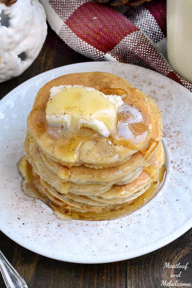 These pancakes are super easy to make! Basically, you just make a few changes to your favorite pancake recipe and use eggnog instead of milk.