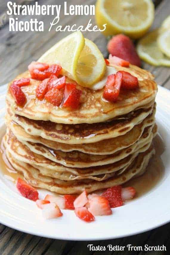 Strawberry Lemon Ricotta Pancakes are perfectly fluffy pancakes with a hint of lemon and topped with fresh strawberries.