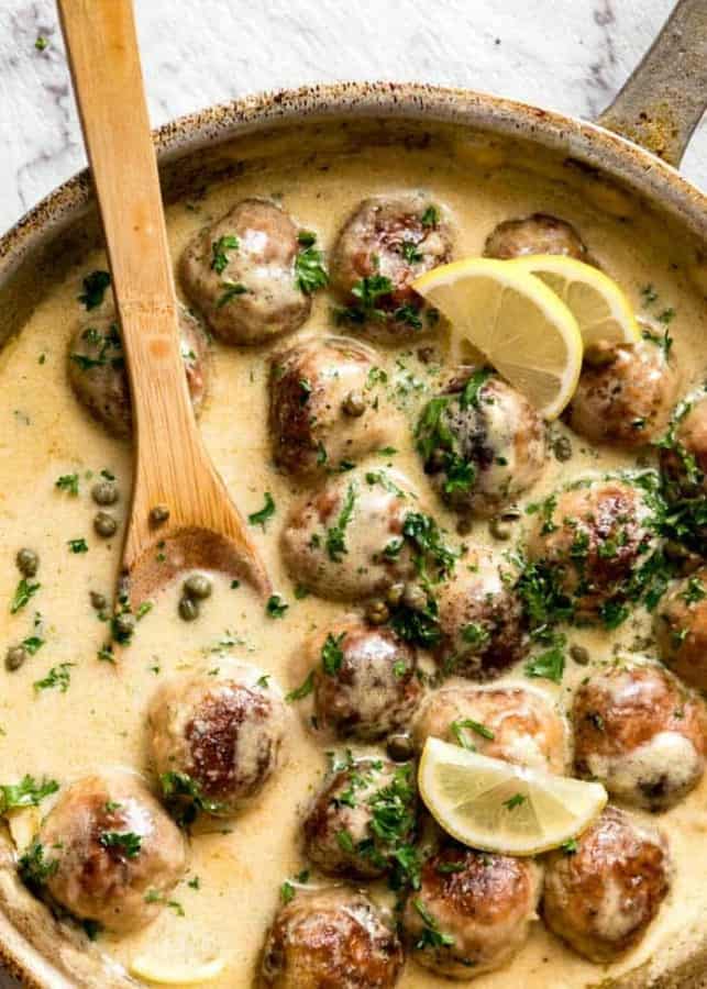 Creamy Lemon Chicken Piccata Meatballs are outrageously good! The sauce is luscious and creamy but not too rich, with the subtle zing of lemon and pops of capers providing a beautiful freshness. Combined with plump juicy chicken meatballs, this gives the classic chicken piccata a serious run for its money!