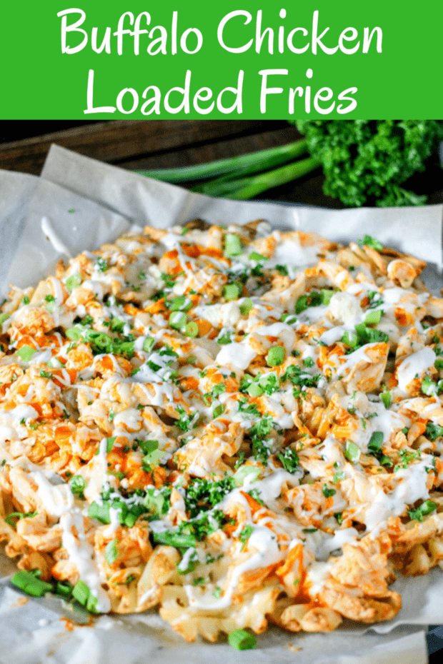 Waffle fries loaded with shredded buffalo chicken, bleu cheese, buffalo sauce, more cheese, and ranch make the most epic Buffalo Chicken Fries EVER!