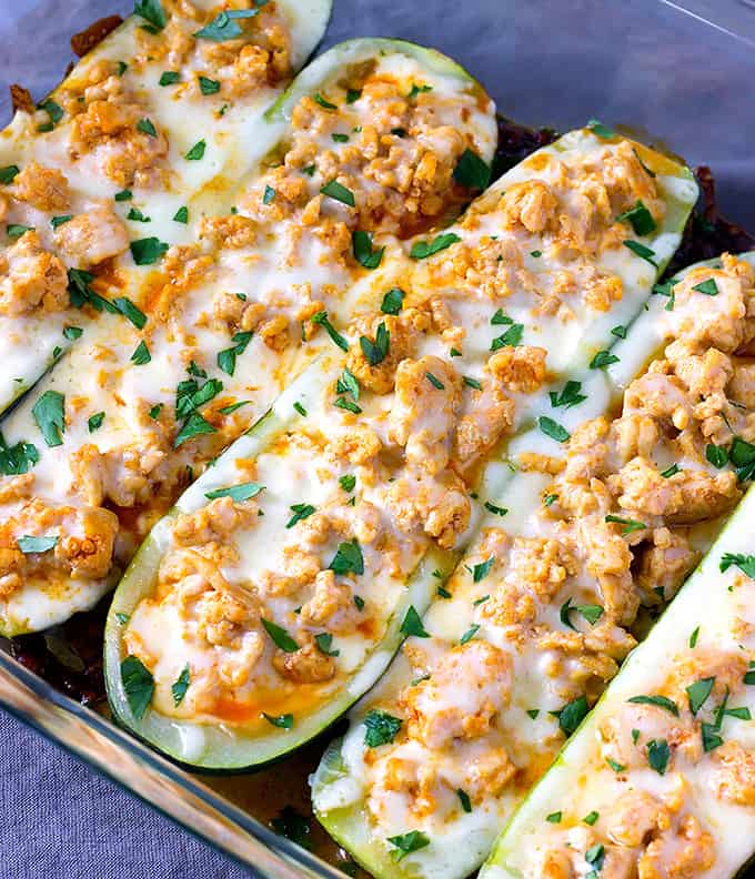 Buffalo Chicken Zucchini Boats – a simple stuffed zucchini recipe that only calls for four ingredients.