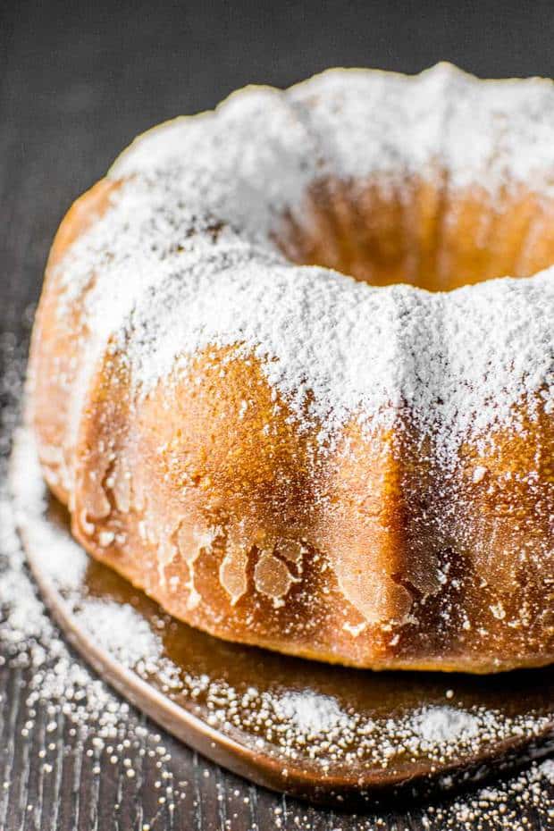 Extra moist and crumbly pound cake covered in a crispy sugar coating (with no alcohol in it, so it's family friendly!) Fair warning, this cake is addictive!"
