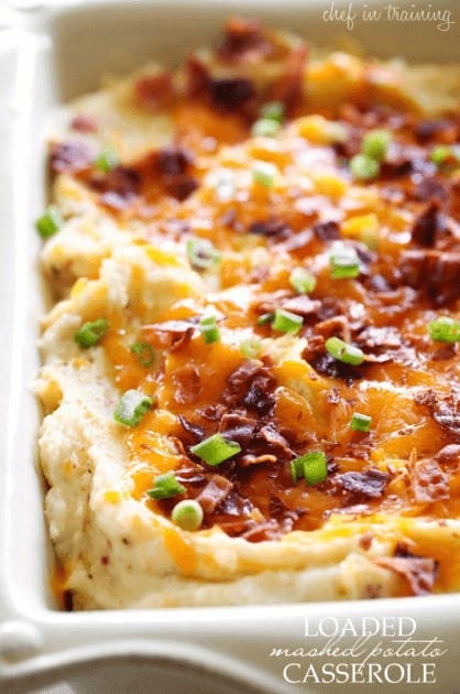 This delicious Loaded Mashed Potato Casserole recipe from Chef in Training has all of your favorite things — bacon, cheese, sour cream and a variety of seasonings. It takes plain old mashed potatoes and turns them into something extraordinary that your whole family will really enjoy! 
