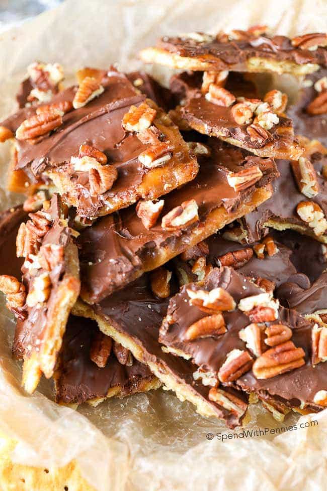 Pecan Christmas Crack. Imagine all of the deliciousness of toffee, topped with chocolate and pecans; once you make this toffee bark and crack it into pieces, you simply can’t stop munching!