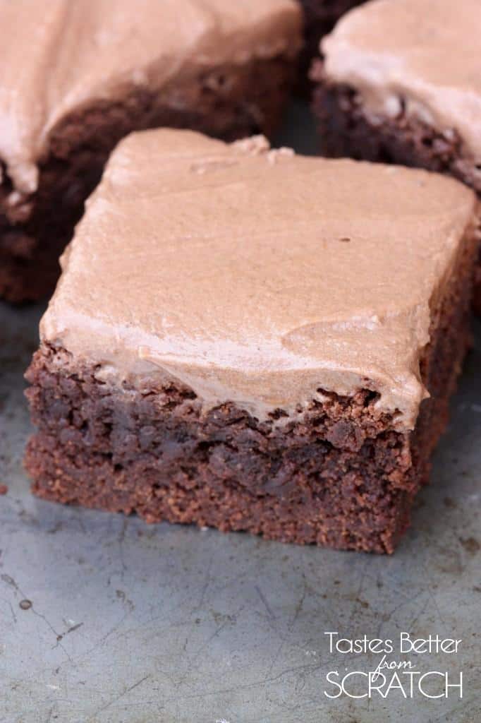 Thick and chewy Chocolate Frosted Brownies–just like the lunch lady brownies you ate as a kid!