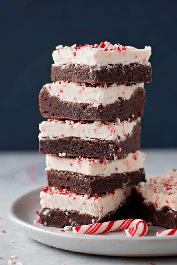 Everyone will love these thick peppermint frosted brownies. They’re loaded with chocolate and topped with a crushed candy cane white chocolate frosting.
