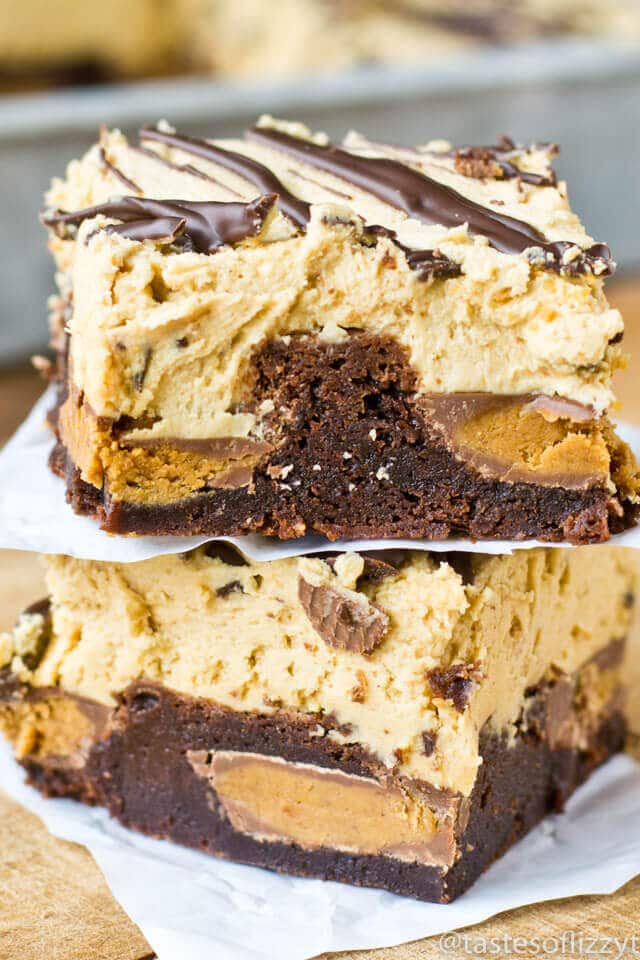 Reese’s peanut butter cups stuffed inside soft, chewy brownies. Top the Reese’s Stuffed Brownies with this unbelievable peanut butter frosting!