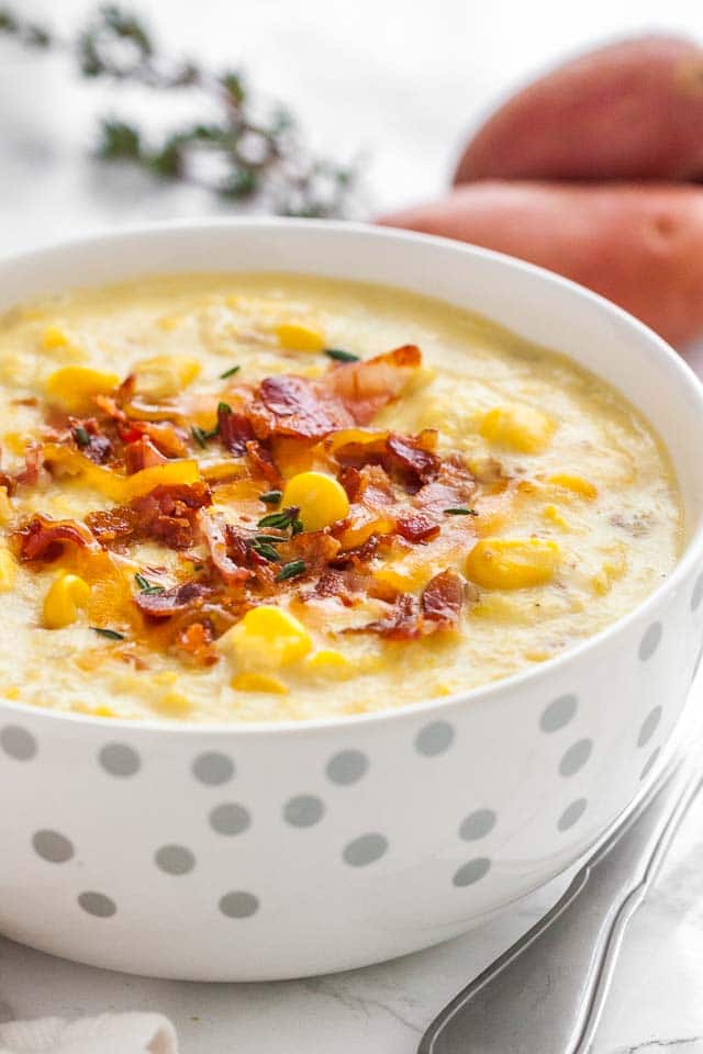 Slow Cooker Corn Chowder is so easy to make and takes just a few minutes of prep! A creamy and flavorful potato corn chowder that’s full of crispy bacon bits, sweet corn, and buttery red potatoes. It’s the perfect soup for cold wintery weather that your whole family will love!