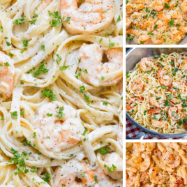 A dish is filled with food, with Pasta and Shrimp