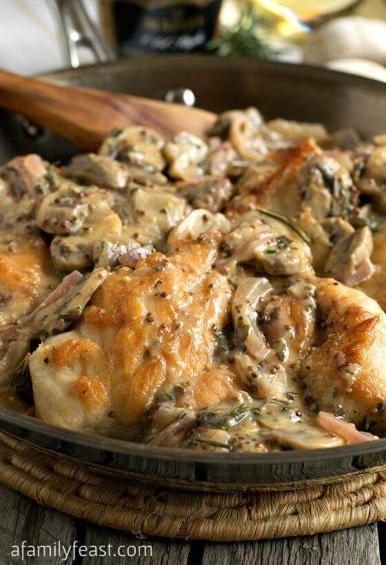 Tender boneless chicken breasts are sautéed with sliced mushrooms and onions, then smothered in a rich, creamy sauce that has been flavored with a mix of traditional Dijon as well as whole-grain Dijon mustard, plus rosemary and other herbs and spices.