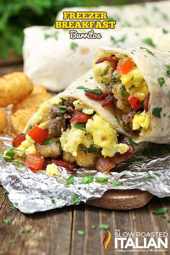 These breakfast burritos are loaded with all of your favorite breakfast fillings. Eggs, bacon, sausage, tater tots, oh my! They make the perfect hot breakfast for your family when they need something in a hurry that they can microwave before school and work.