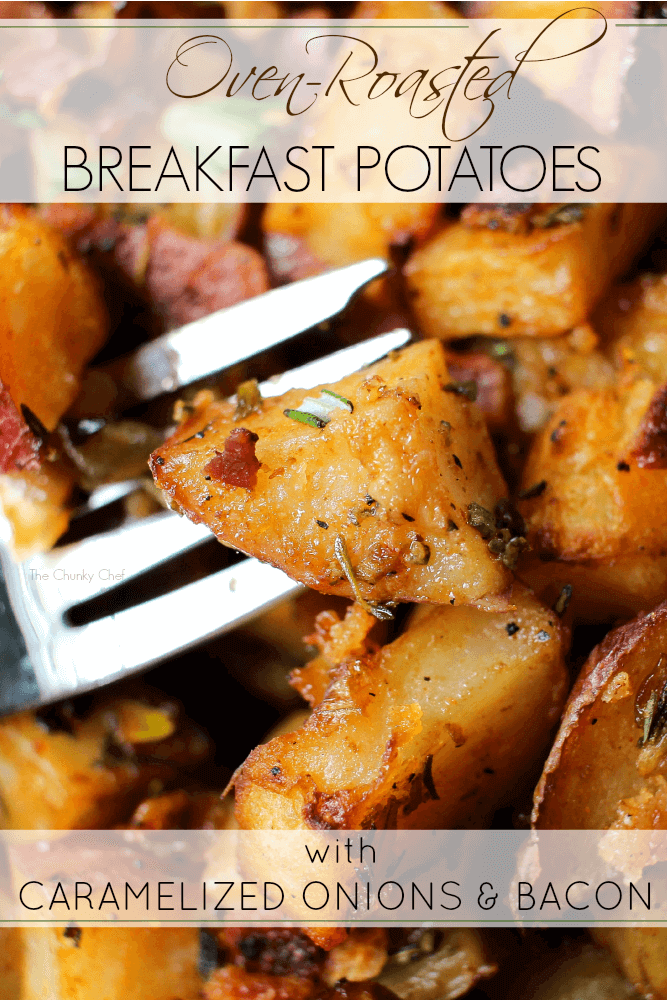 Perfectly seasoned and roasted breakfast potatoes topped with sweet caramelized onions, bacon pieces, and topped off with fresh herbs!