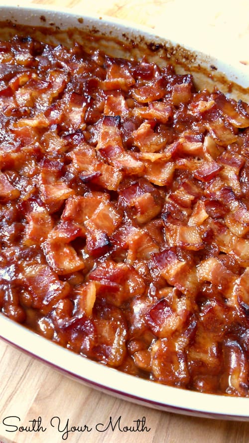 A close up of food on a plate, with Baked beans