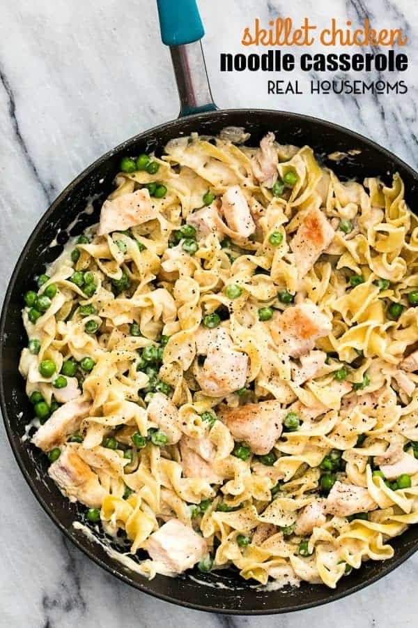 This 30-minute Creamy Skillet Chicken Noodle Casserole Recipe is the perfect lightened-up comfort food for busy weeknights! The whole family will love this easy, tasty dish!