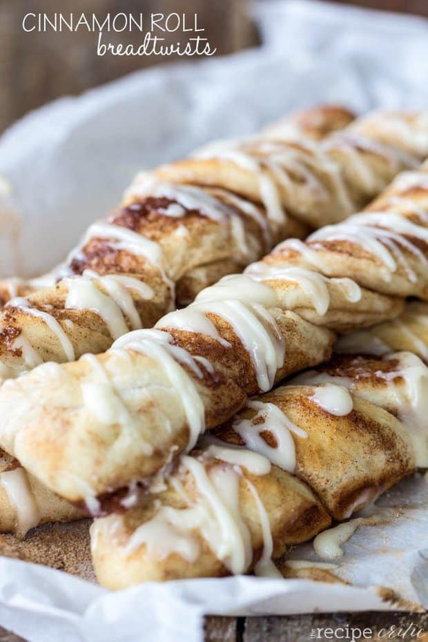 A delicious bread-twist that is ooey and gooey like a cinnamon roll with a cream cheese glaze on top!