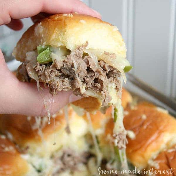 Philly Cheesesteak Sliders are thinly sliced steak and perfectly cooked peppers and onions smothered in Provolone cheese on a soft slider bun. It’s the perfect football party food for feeding a hungry crowd!