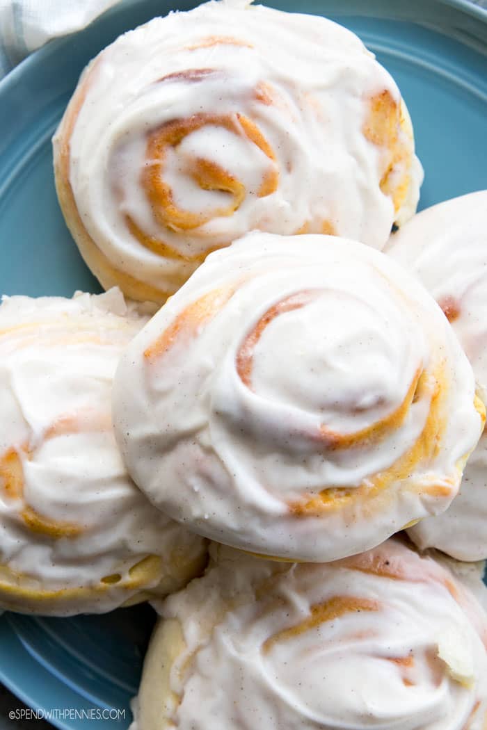Pumpkin Cinnamon Rolls are a light, fluffy sweet roll filled with a pumpkin filling, and glazed with a pumpkin pie cream cheese icing. A yummy fall treat, any time of year!