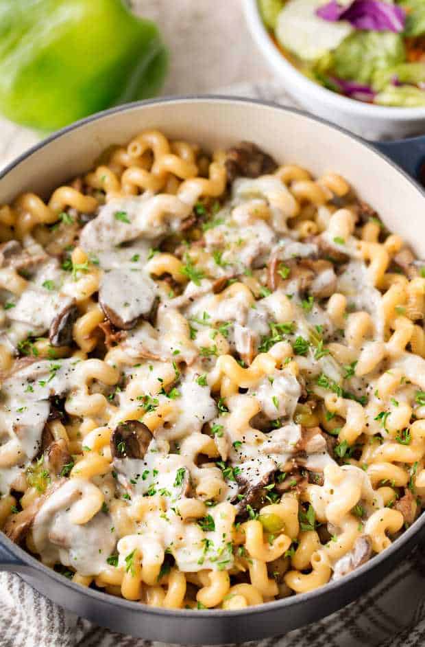 Classic cheesesteak flavors mix with pasta in this easy one pot, 30 minute meal! The best comfort food just got a lot easier!