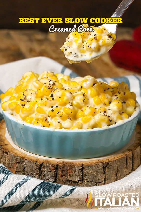 Best Ever Slow Cooker Creamed Corn recipe doesn't get much easier. Simply toss 6 ingredients into the slow cooker or crockpot and a few hours later you have the silkiest, creamiest most divine creamed corn you have ever eaten.