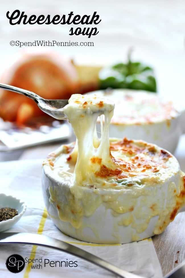 This fun twist on an old favorite sandwich is fairly simple to put together and tastes amazing!  If you’re a fan of yummy baked French Onion soup, you’ll definitely love this rich creamy cheese soup loaded with beef & peppers and topped with cheese!