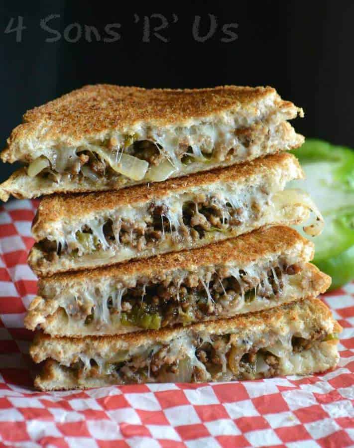 Ground Beef Philly Cheesesteak Grilled Cheese Sandwiches