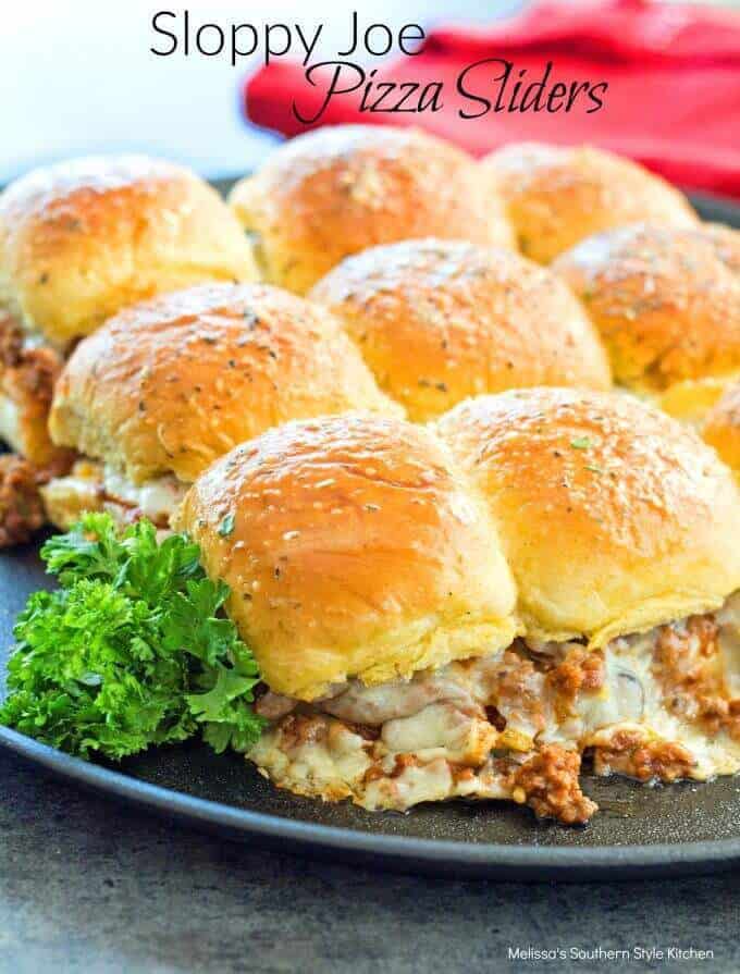 Sloppy Joe Pizza Sliders – These buttery pizza sliders are filled with Italian seasoned beef and sausage, pizza sauce, veggies and tons of gooey cheese.  This variation of a classic sloppy joe will be the hit of your weekend munchies or tailgating party