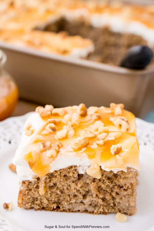 Caramel Spice Poke Cake is a sinfully sweet and seasonal dessert you’ll want to make again and again. An adapted box mix cake soaked in sweetened condensed milk sets the foundation for a delicious and easy fall treat. Once you layer on the whipped cream and caramel, it’s game over. This cake is crazy-good and perfect for the holidays, potlucks, and Sunday supper.