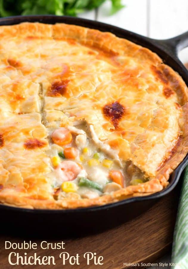 Chicken and vegetables cooked between buttery pie pastry couldn’t be anything other than a downhome skillet meal that screams comfort.