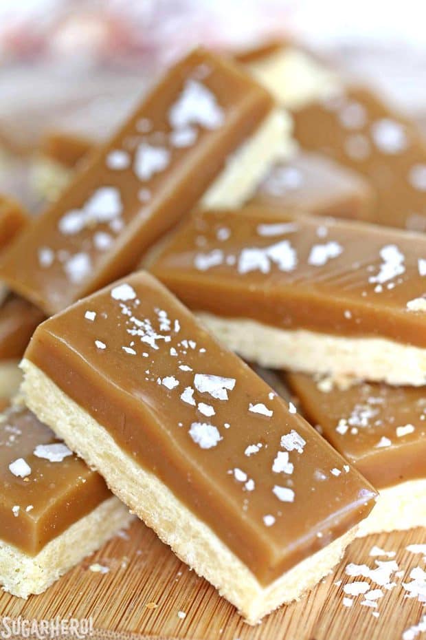 Salted Caramel Bars have a buttery shortbread base and a topping of rich, chewy caramel. A crunchy dusting of flaked sea salt on top is the perfect finishing touch!
