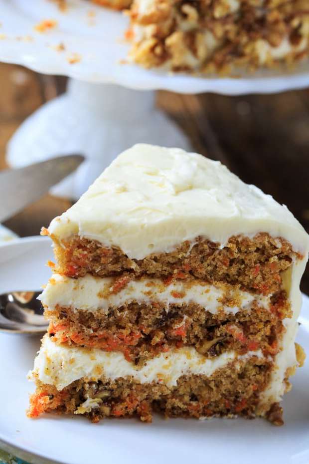 A moist 3-layer cake with toasted walnuts and tons of rich cream cheese frosting. Carrot Cake doesn’t get any better than this.
