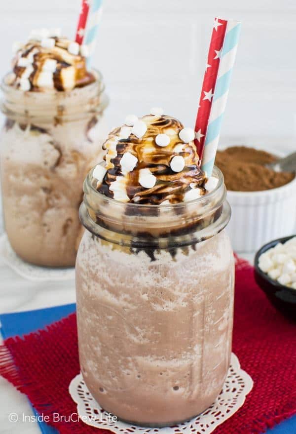 A mug of this Frozen Salted Caramel Mocha Hot Chocolate is the ultimate treat to enjoy on a hot summer day!